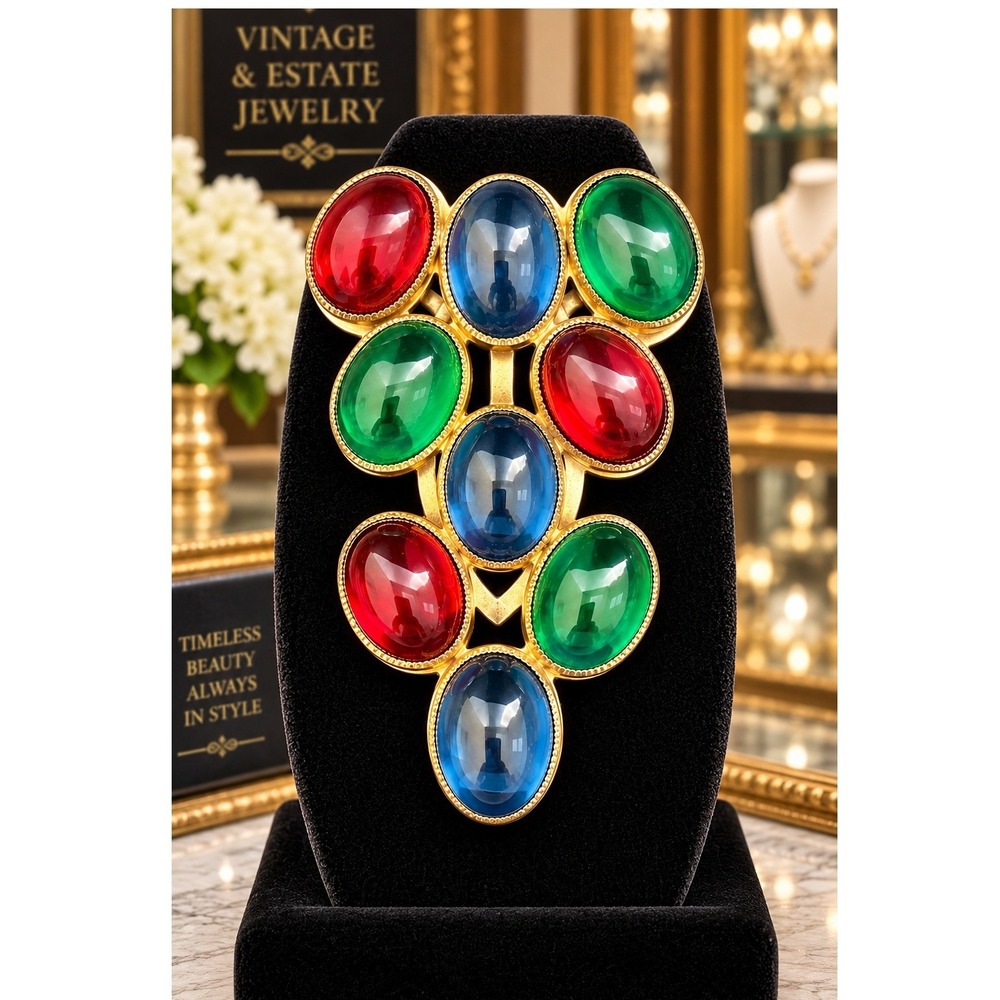 Vintage Glass Cabochon Brooch Fur Dress Clip Multicolor Gold Tone Statement